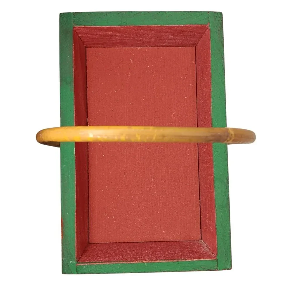 Wood Christmas Basket Red & Green Holly Leaves Design Rectangle With Handle